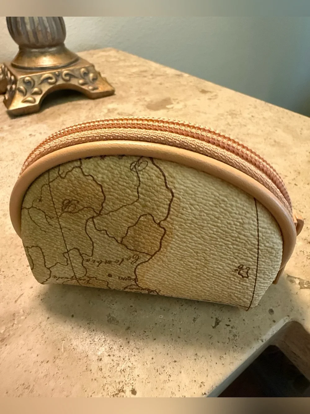 Map Print Cosmetic Pouch in Cream and Tan